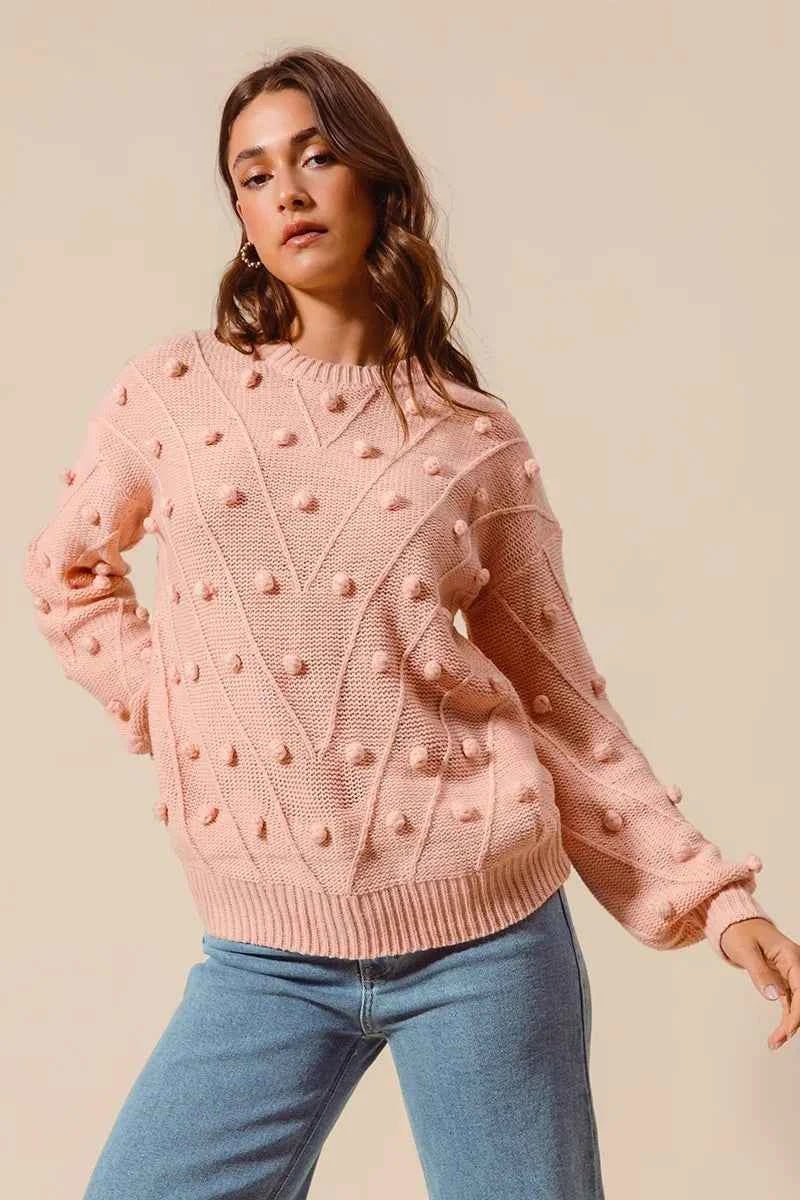SO ME Pom Pom Knit Sweater Top - Textured Knit for Cozy Style - MegaSuperStar