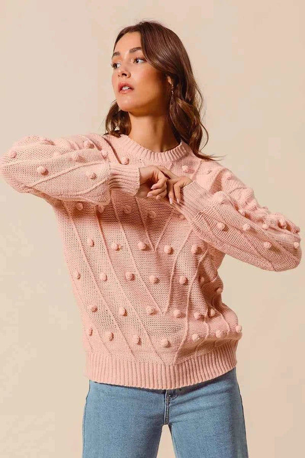 🌸 SO ME Pom Pom Knit Sweater Top - Textured Knit for Cozy Style 🌸