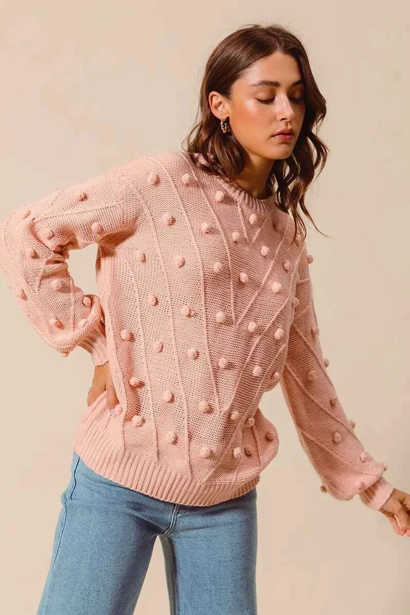 SO ME Pom Pom Knit Sweater Top - Textured Knit for Cozy Style - MegaSuperStar