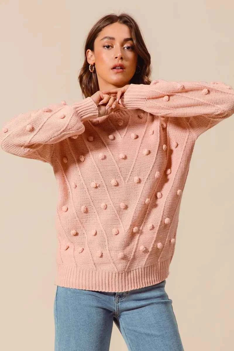 SO ME Pom Pom Knit Sweater Top - Textured Knit for Cozy Style - MegaSuperStar