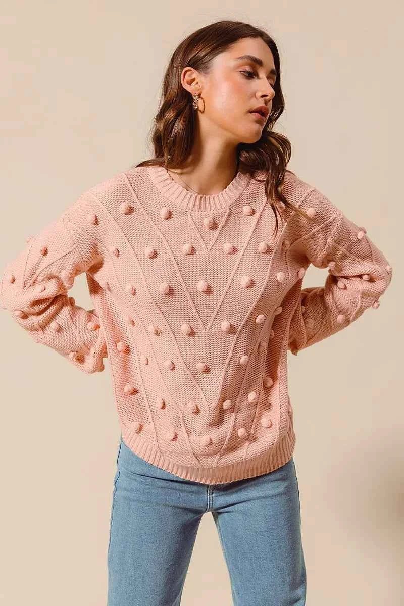 SO ME Pom Pom Knit Sweater Top - Textured Knit for Cozy Style - MegaSuperStar