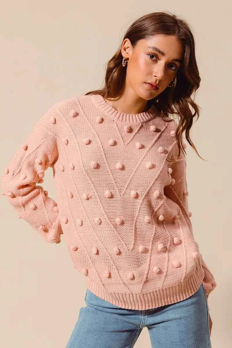 SO ME Pom Pom Knit Sweater Top - Textured Knit for Cozy Style - MegaSuperStar