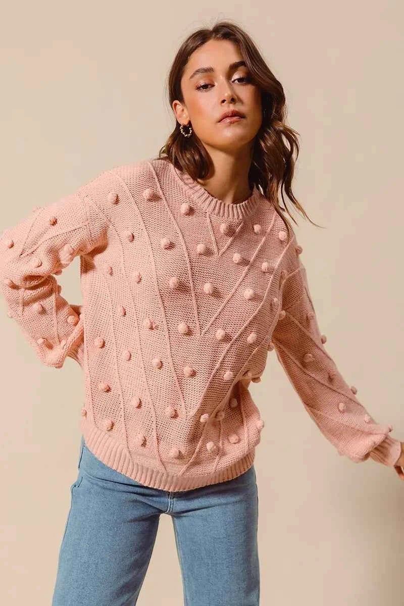 SO ME Pom Pom Knit Sweater Top - Textured Knit for Cozy Style - MegaSuperStar