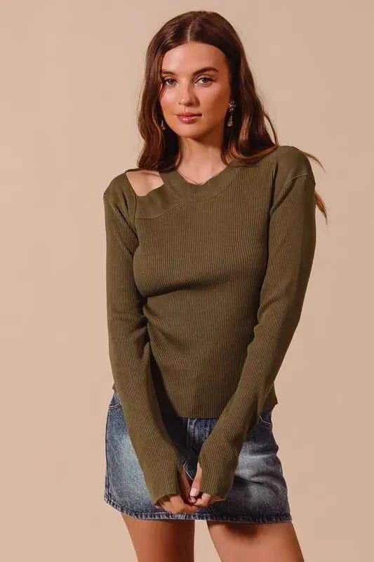 SO ME Rib Knit Top Shoulder Cut Out for Chic Style - MegaSuperStar