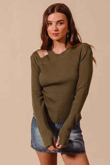 SO ME Rib Knit Top Shoulder Cut Out for Chic Style - MegaSuperStar