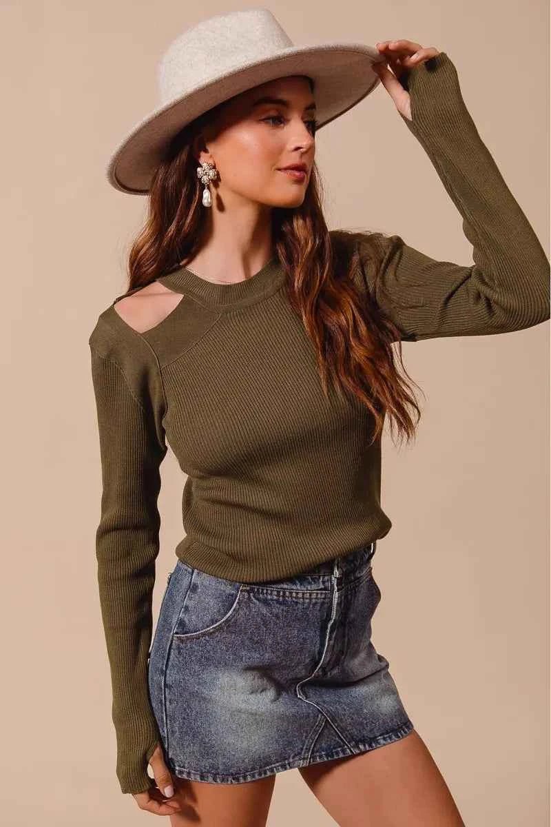 SO ME Rib Knit Top Shoulder Cut Out for Chic Style - MegaSuperStar