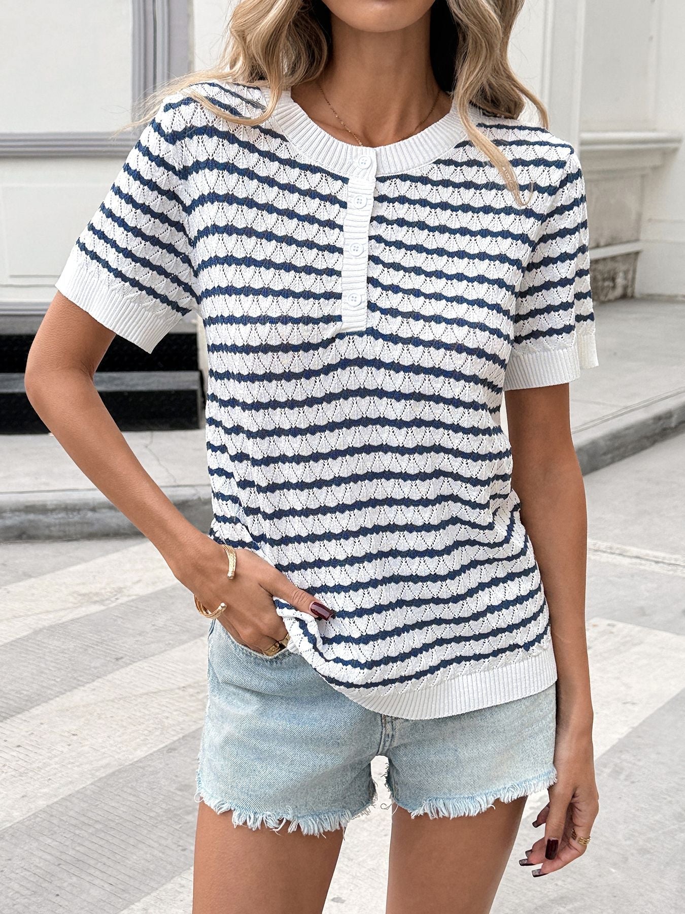 Striped Button Detail Short Sleeve Knit Top - MegaSuperStar