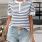 Striped Button Detail Short Sleeve Knit Top - MegaSuperStar