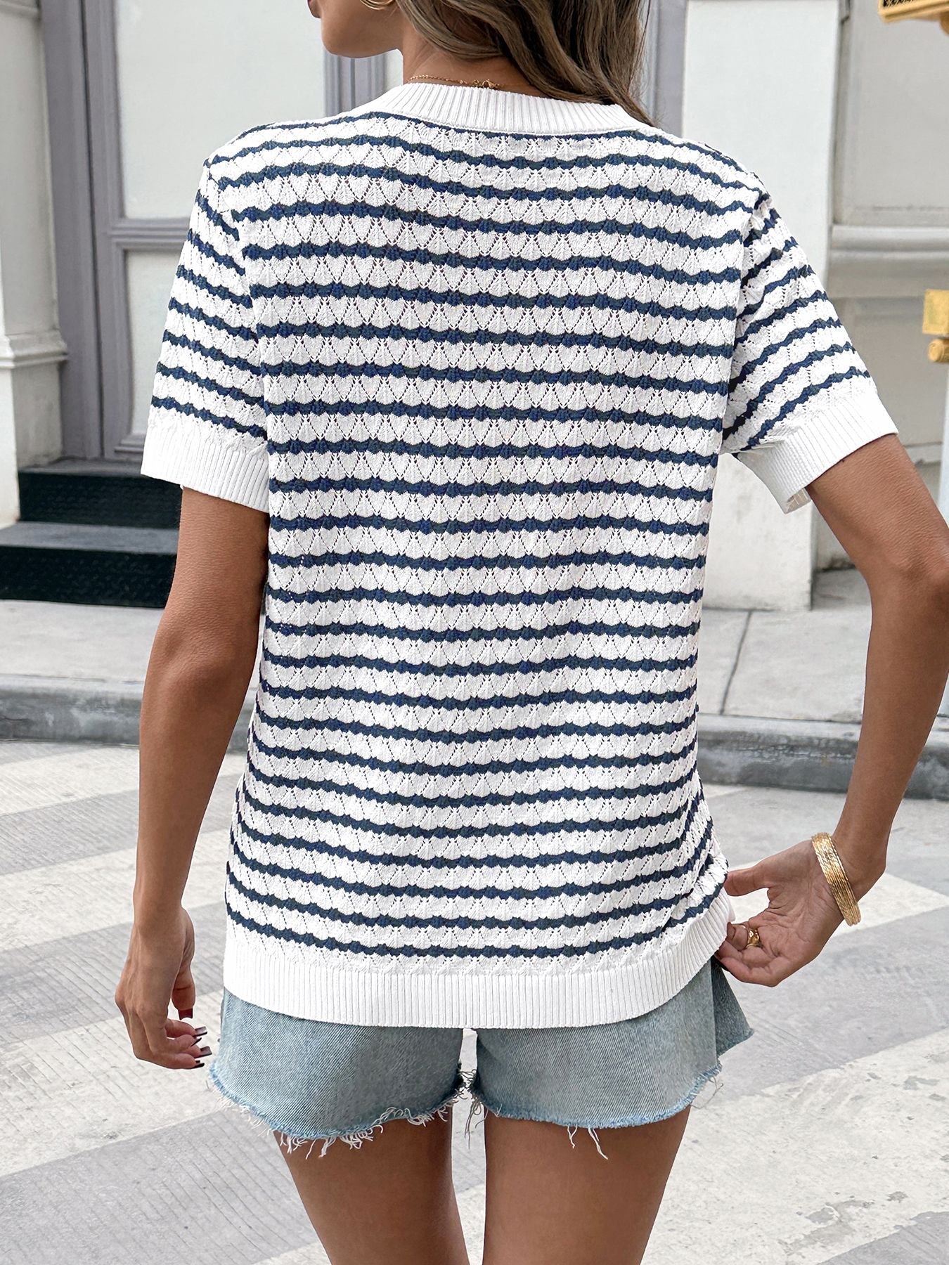 Striped Button Detail Short Sleeve Knit Top - MegaSuperStar