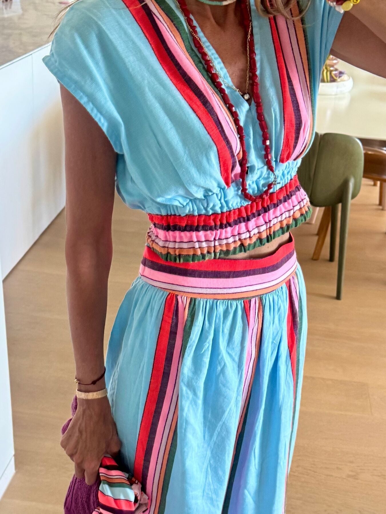 Striped Cap Sleeve Top and Skirt Set - MegaSuperStar