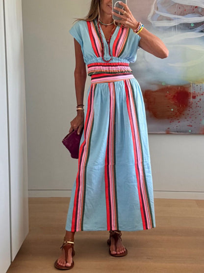 Striped Cap Sleeve Top and Skirt Set - MegaSuperStar