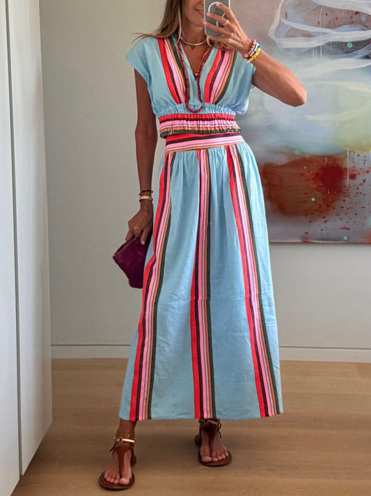 Striped Cap Sleeve Top and Skirt Set - MegaSuperStar