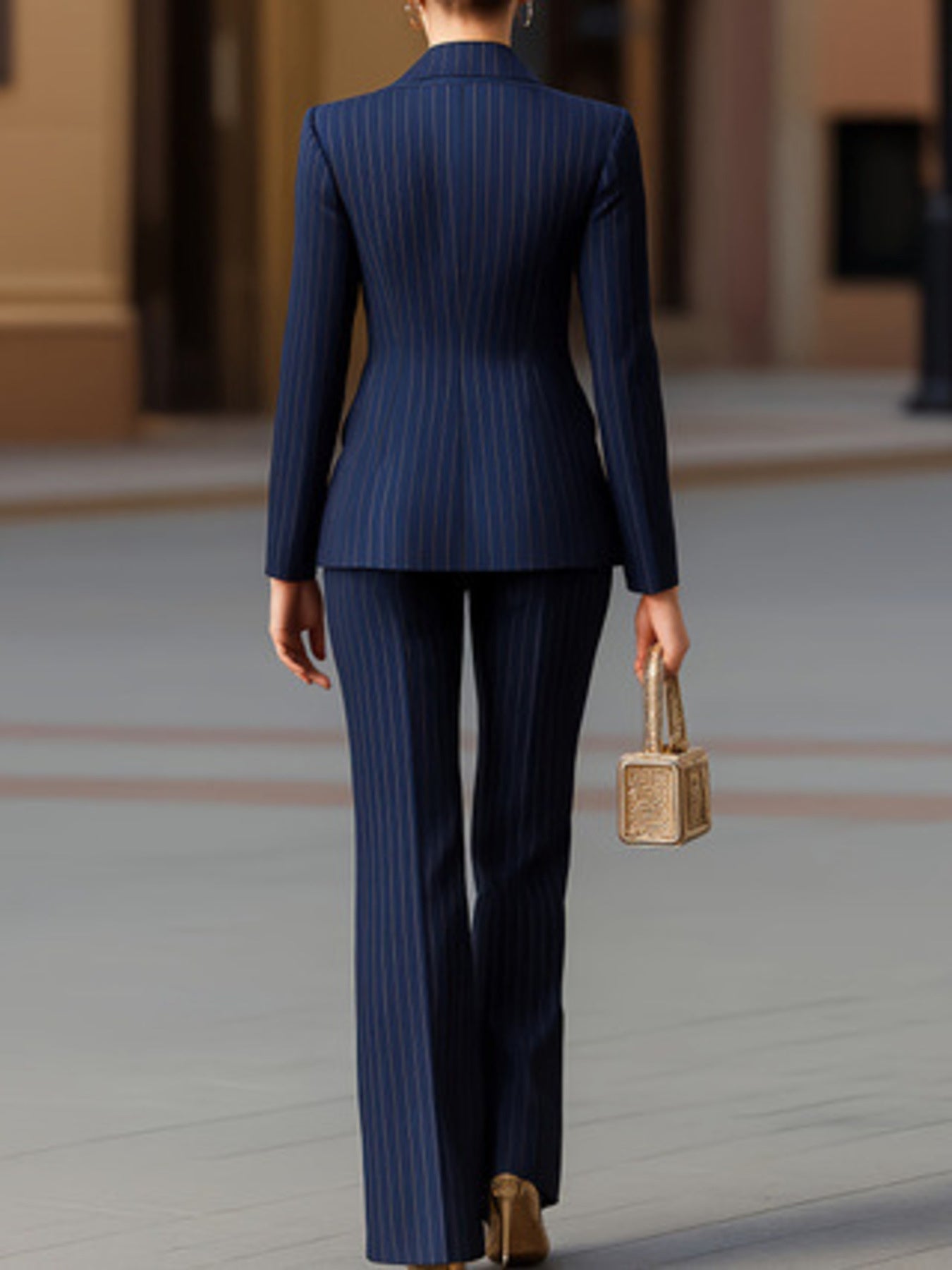 Striped Double - Breasted Blazer & Wide Leg Pants Set - MegaSuperStar