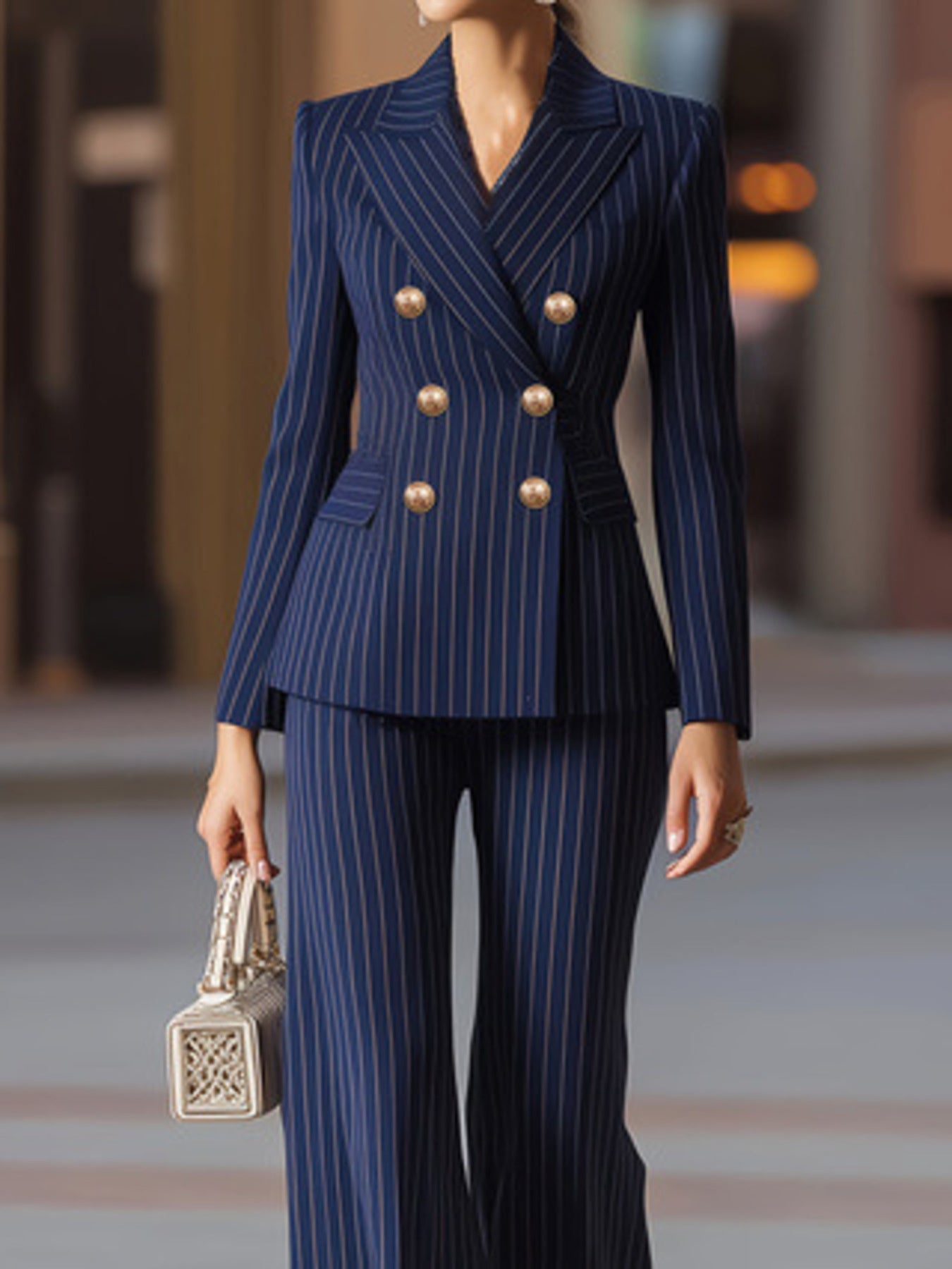 Striped Double - Breasted Blazer & Wide Leg Pants Set - MegaSuperStar