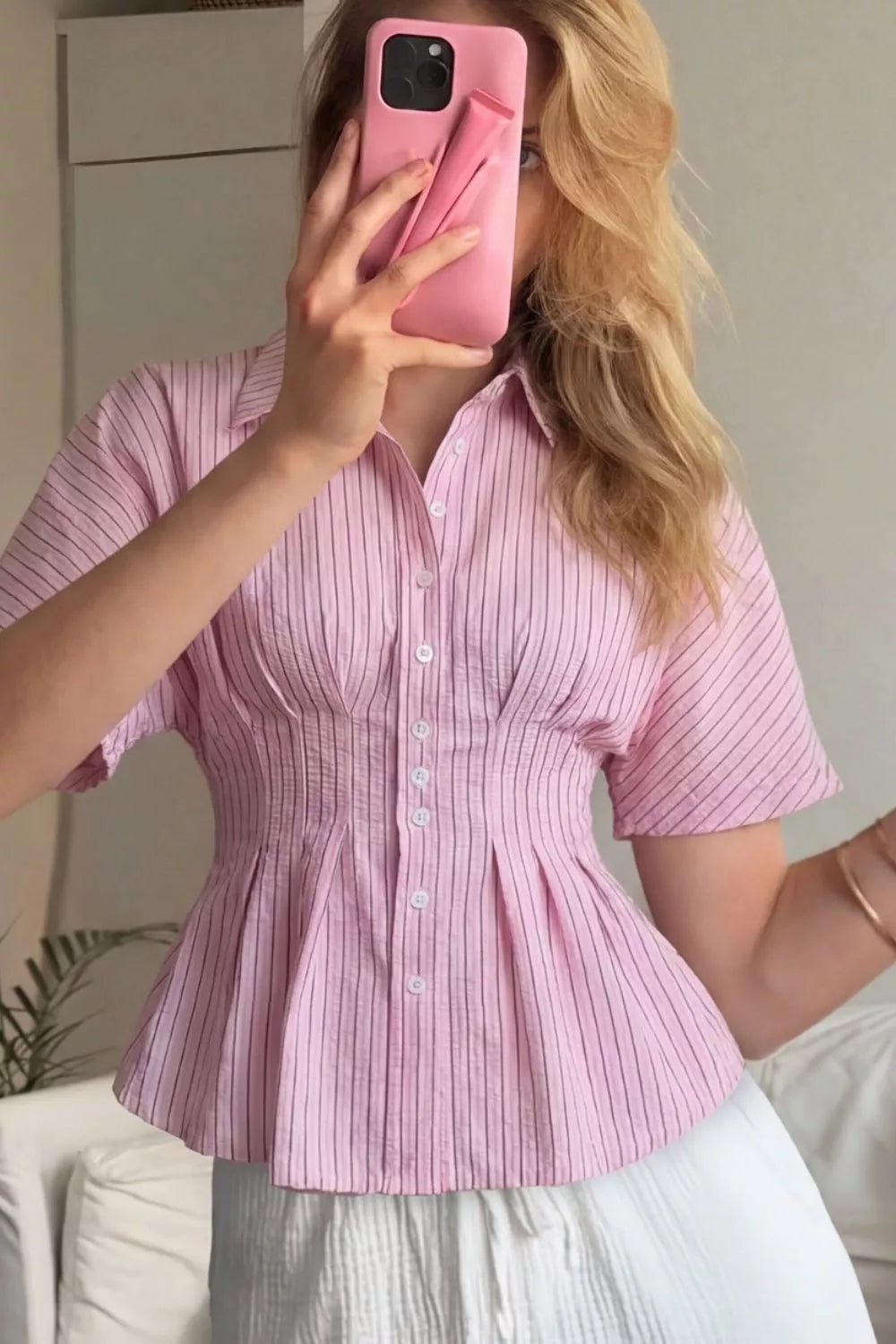 Striped Peplum Button Up Shirt - MegaSuperStar