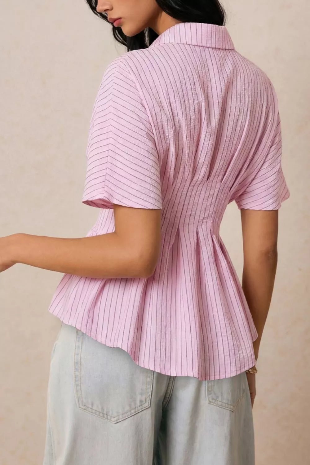 Striped Peplum Button Up Shirt - MegaSuperStar