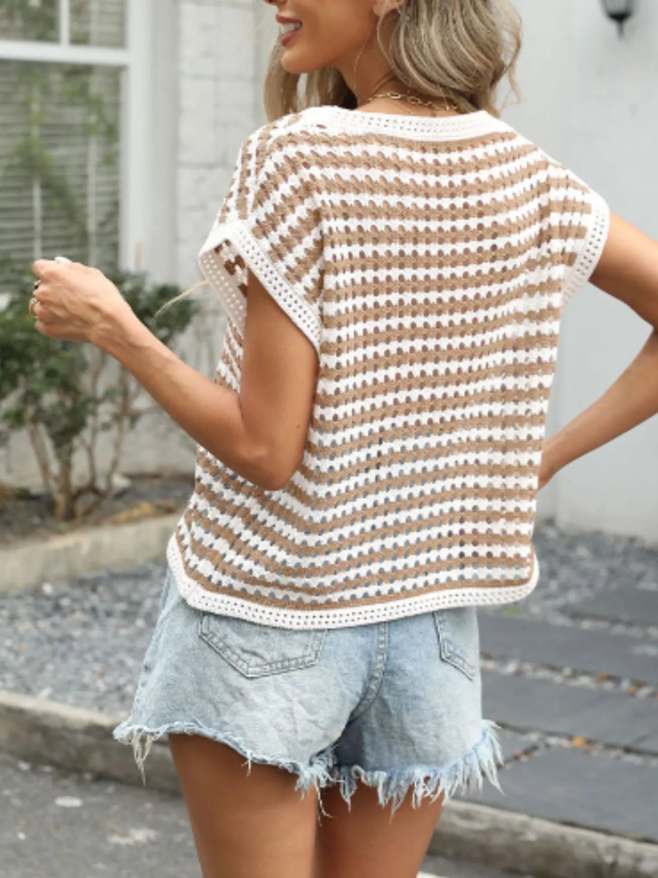 Striped Short Sleeve Crochet Knit Top - MegaSuperStar