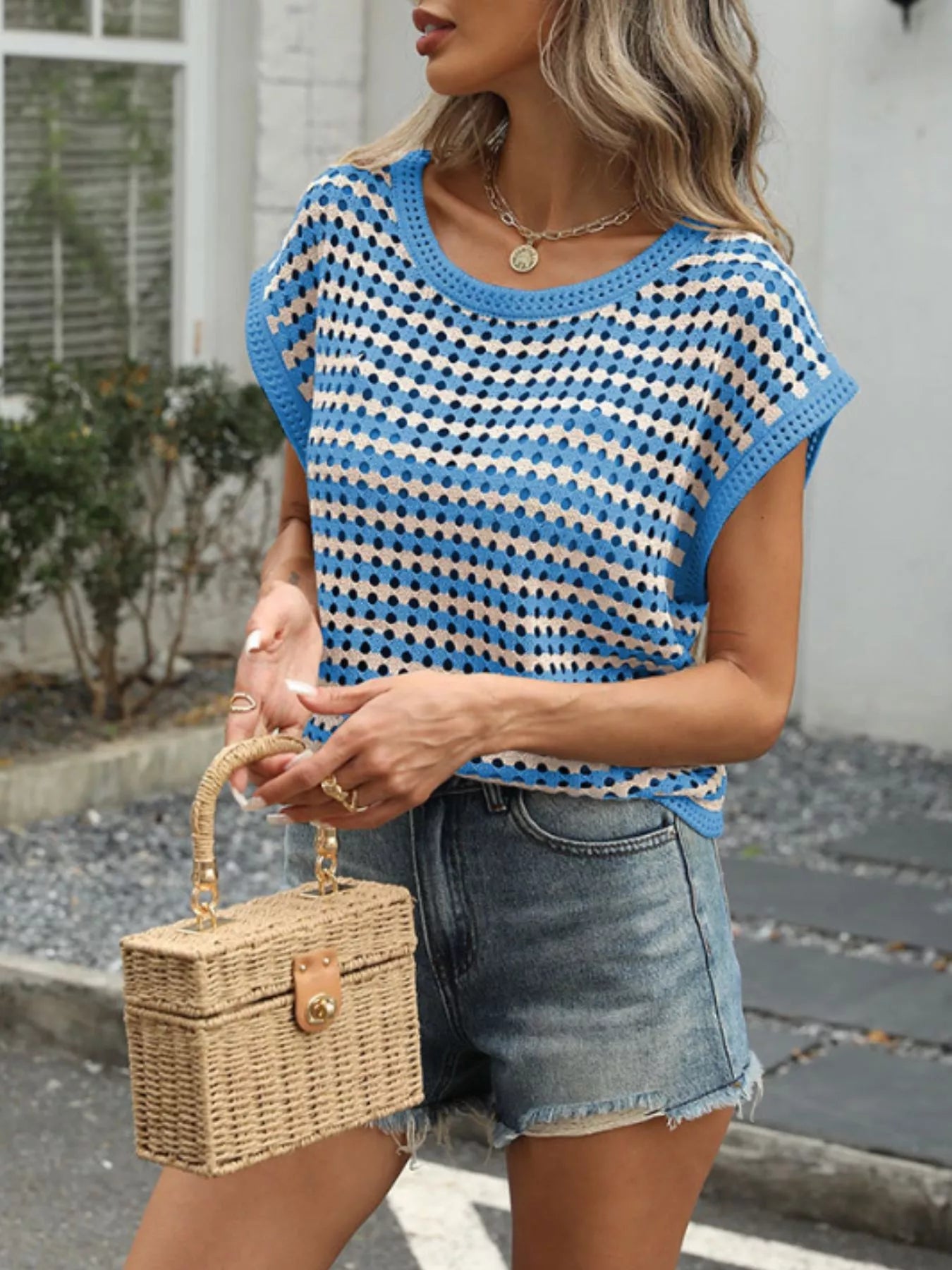 Striped Short Sleeve Crochet Knit Top - MegaSuperStar