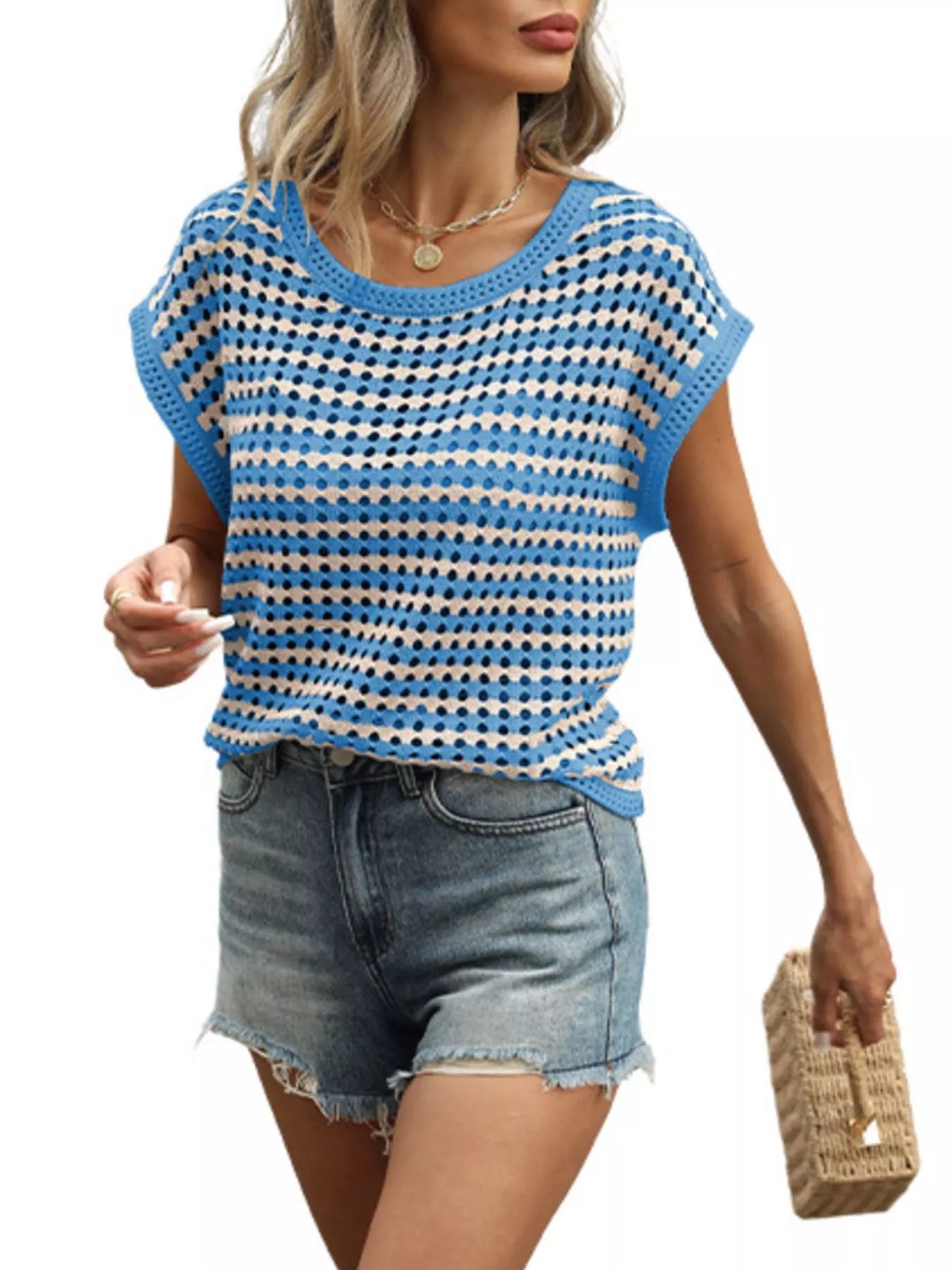 Striped Short Sleeve Crochet Knit Top - MegaSuperStar