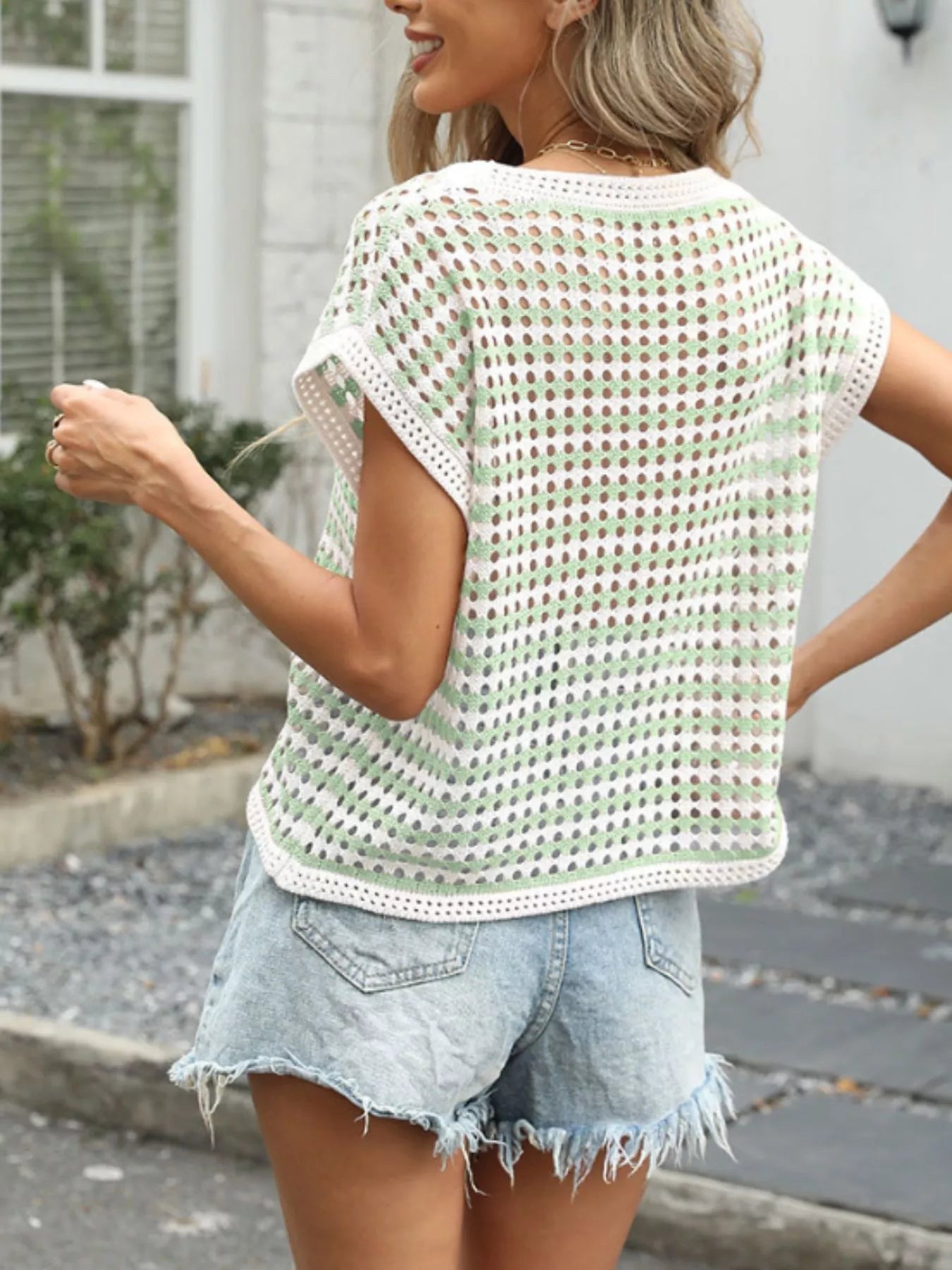 Striped Short Sleeve Crochet Knit Top - MegaSuperStar
