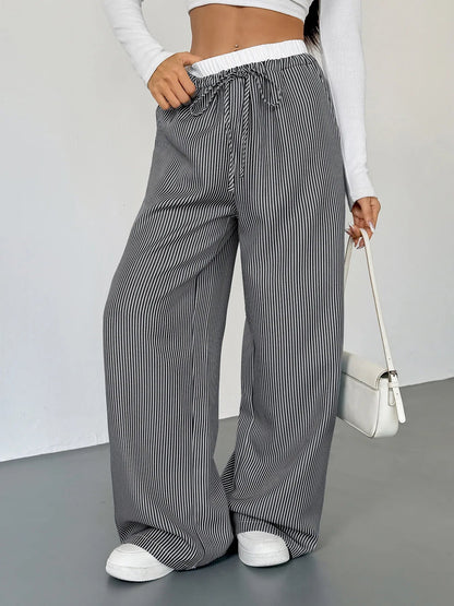 🌸 Striped Wide Leg Drawstring Pants - Casual Chic 🌸 - MegaSuperStar