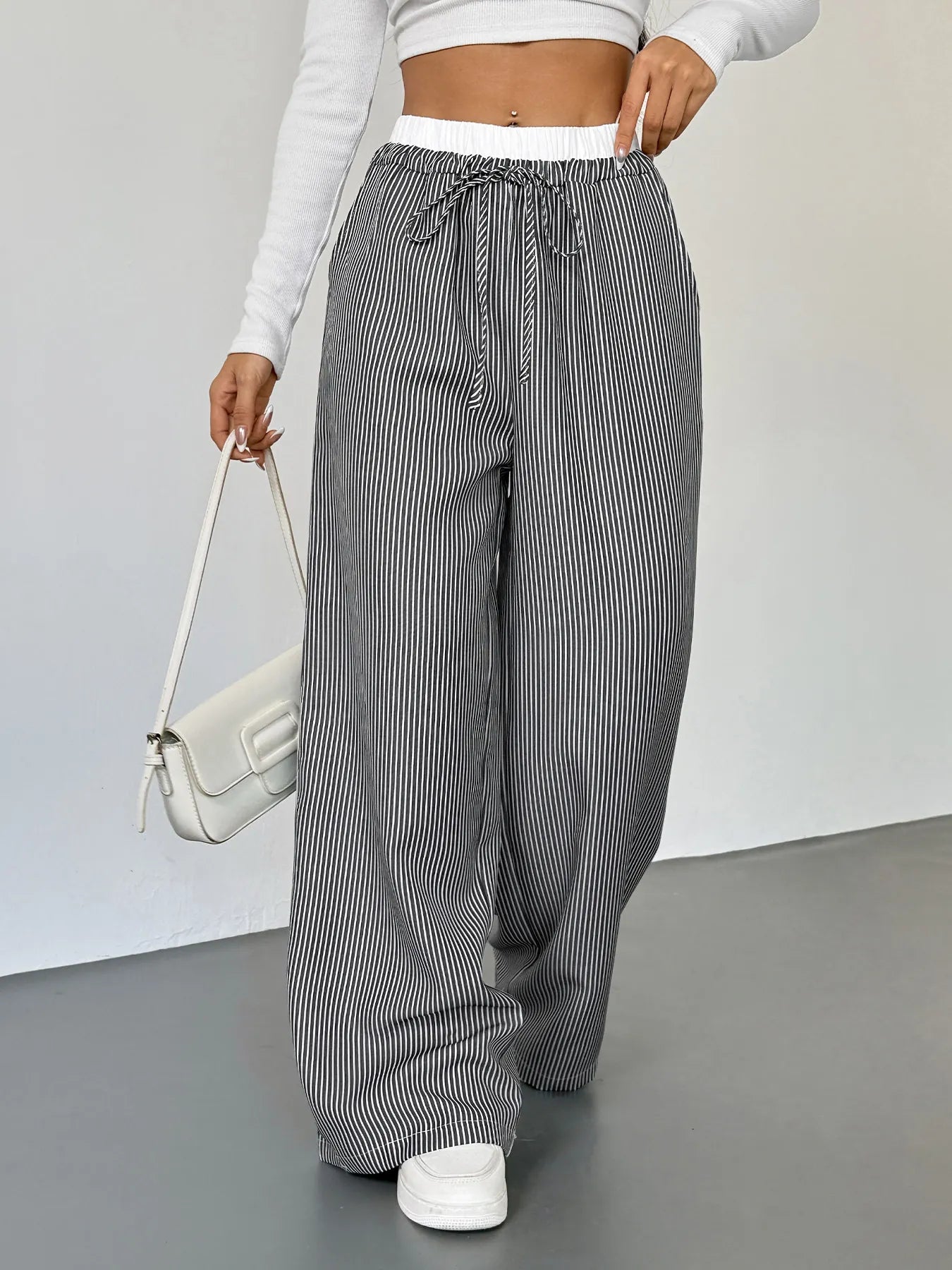 🌸 Striped Wide Leg Drawstring Pants - Casual Chic 🌸 - MegaSuperStar