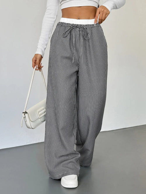 Customer styling 🌸 Striped Wide Leg Drawstring Pants - Casual Chic 🌸