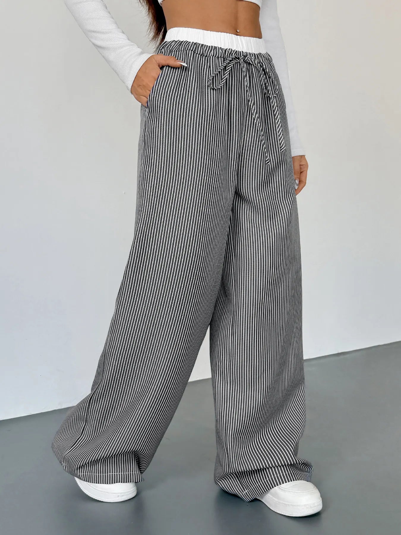 🌸 Striped Wide Leg Drawstring Pants - Casual Chic 🌸 - MegaSuperStar