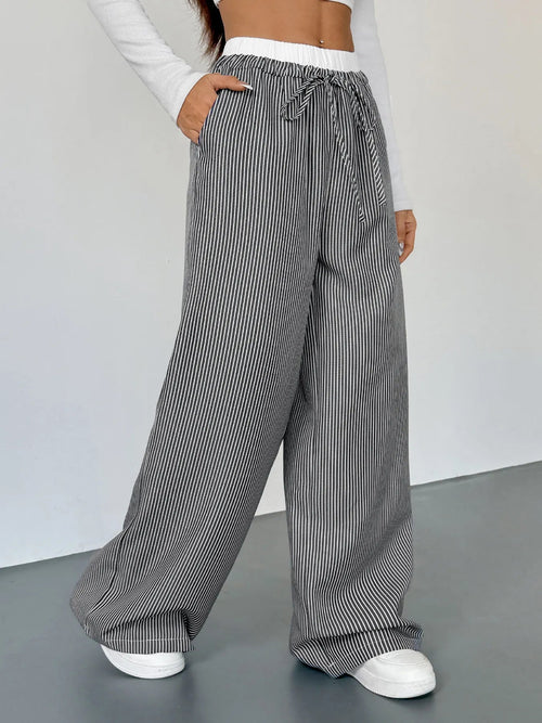 Customer styling 🌸 Striped Wide Leg Drawstring Pants - Casual Chic 🌸