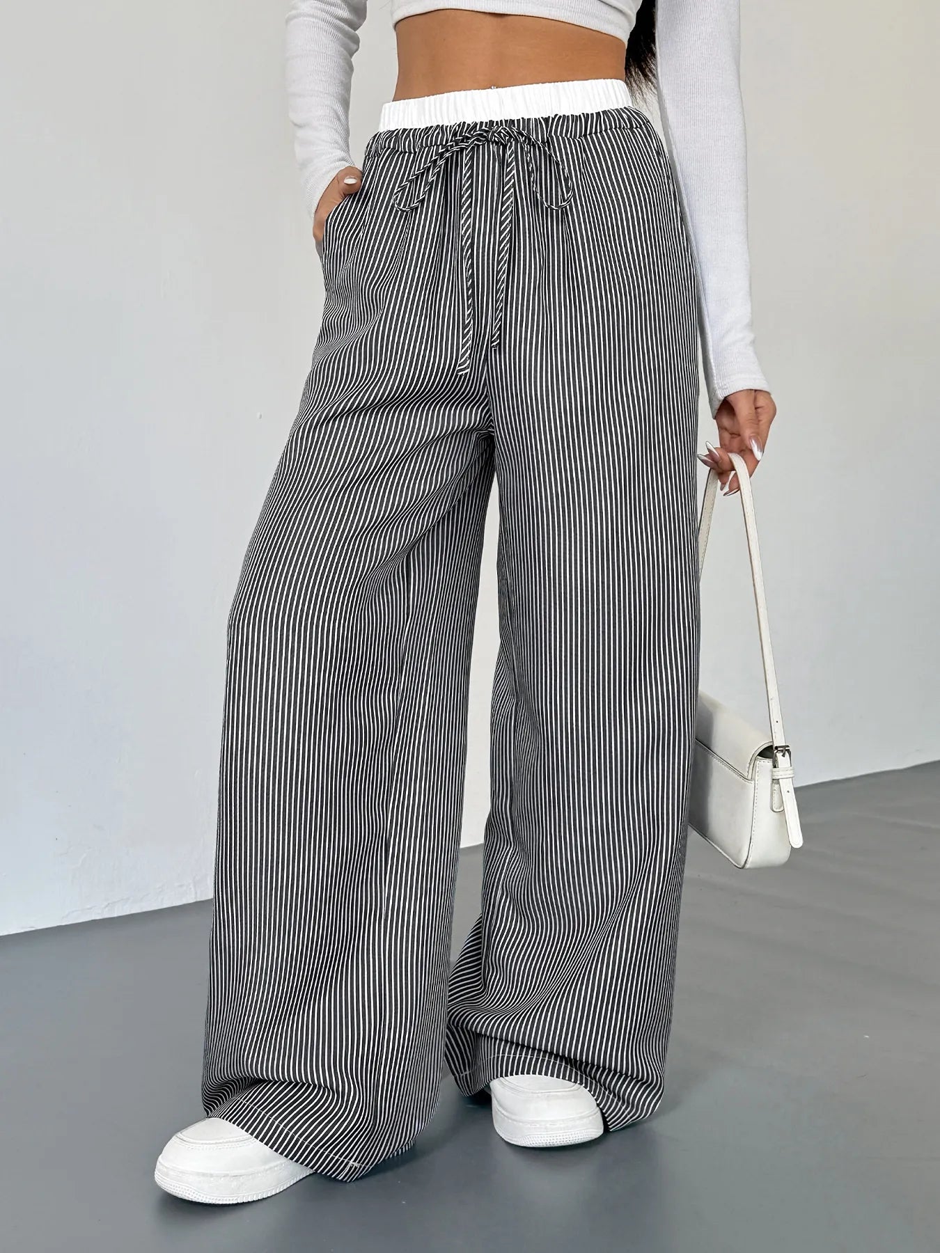🌸 Striped Wide Leg Drawstring Pants - Casual Chic 🌸 - MegaSuperStar
