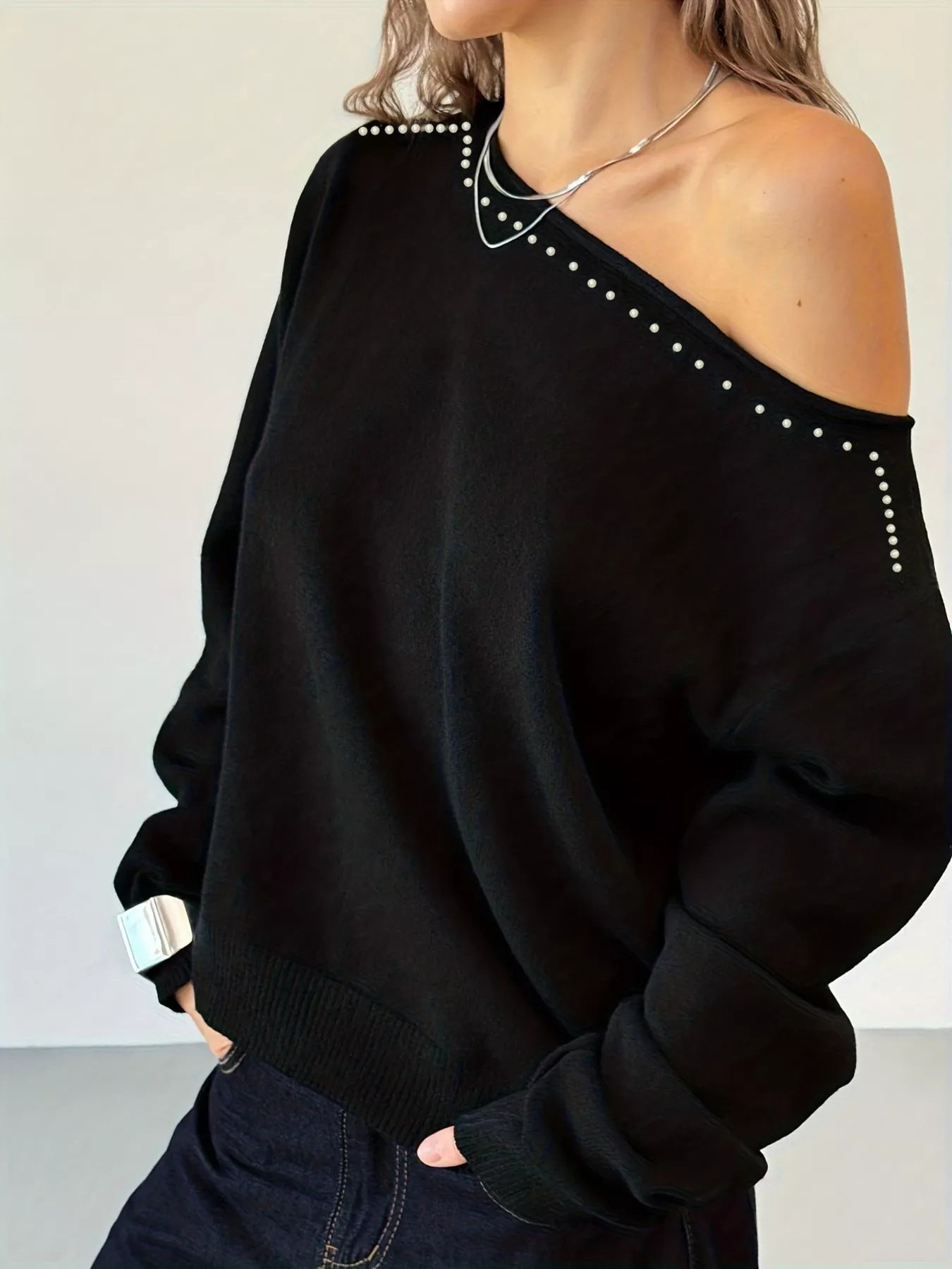 Studded Single Shoulder Knit Top - MegaSuperStar