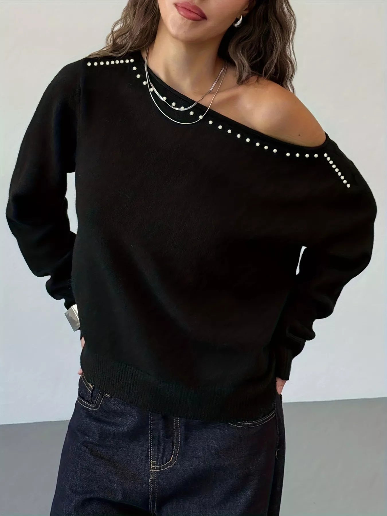 Studded Single Shoulder Knit Top - MegaSuperStar