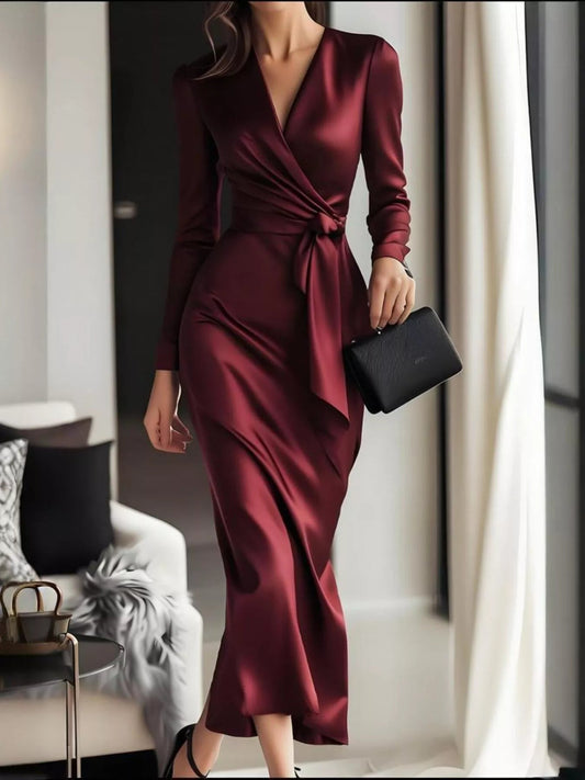 Surplice Satin Long Sleeve Dress - MegaSuperStar