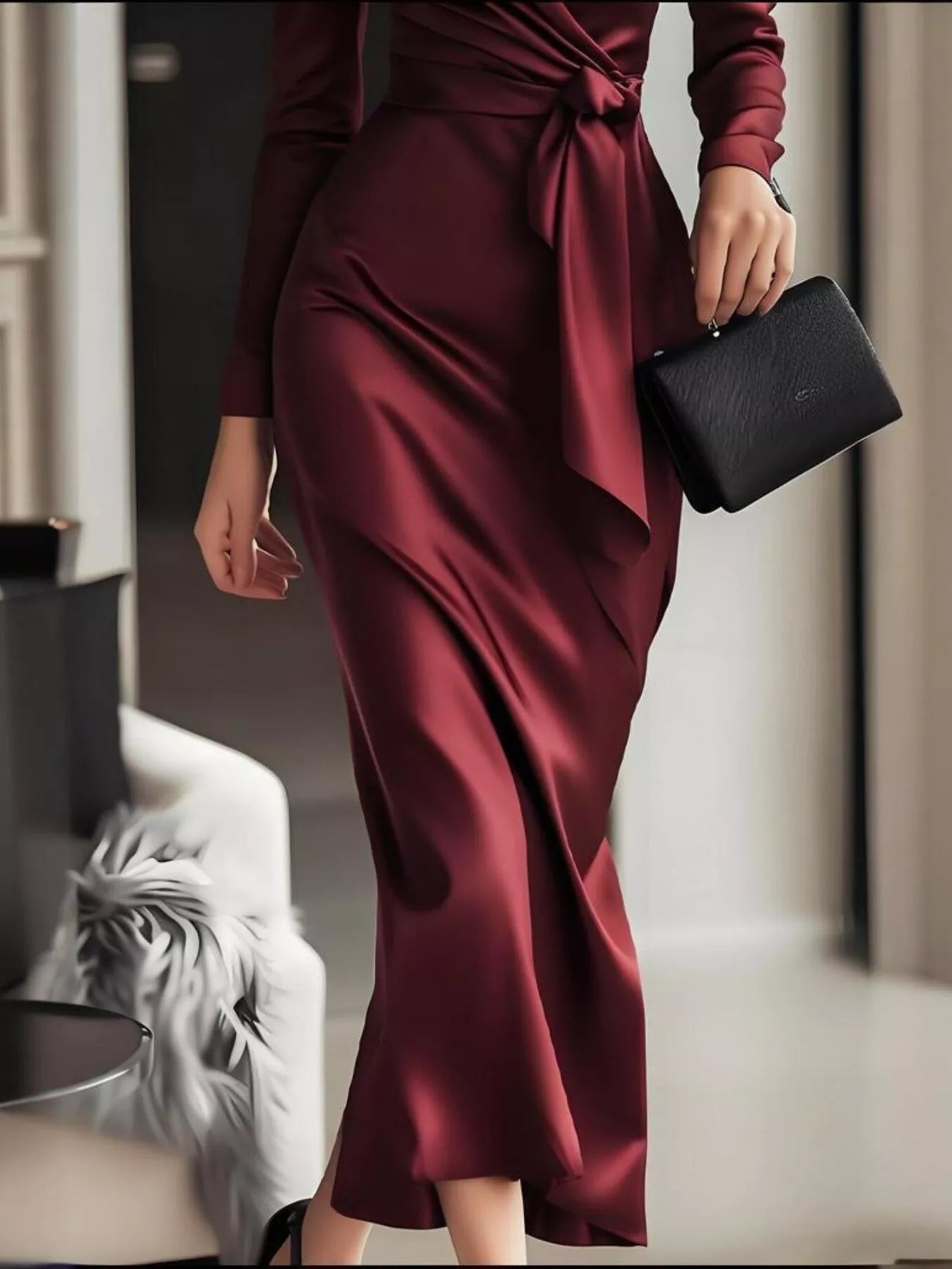Surplice Satin Long Sleeve Dress - MegaSuperStar