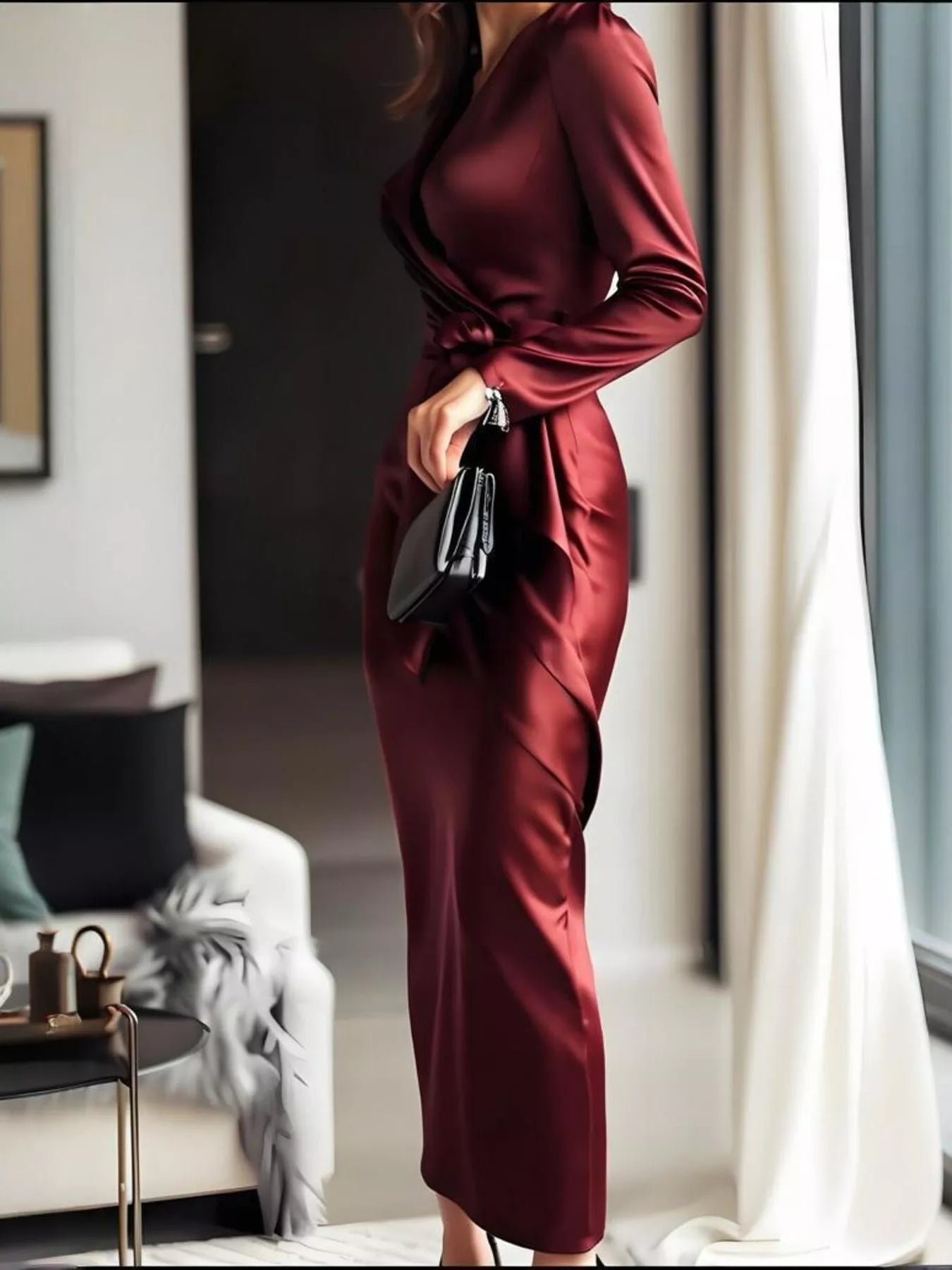 Surplice Satin Long Sleeve Dress - MegaSuperStar