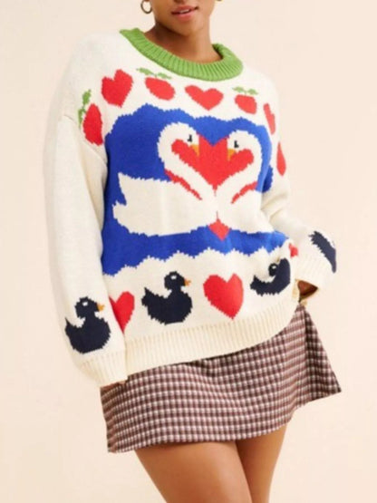 Swan Heart Pattern Round Neck Sweater - MegaSuperStar