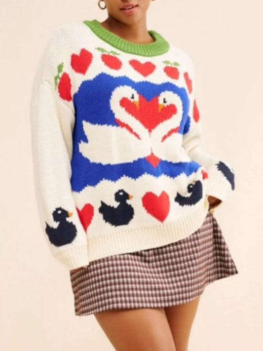Swan Heart Pattern Round Neck Sweater - MegaSuperStar