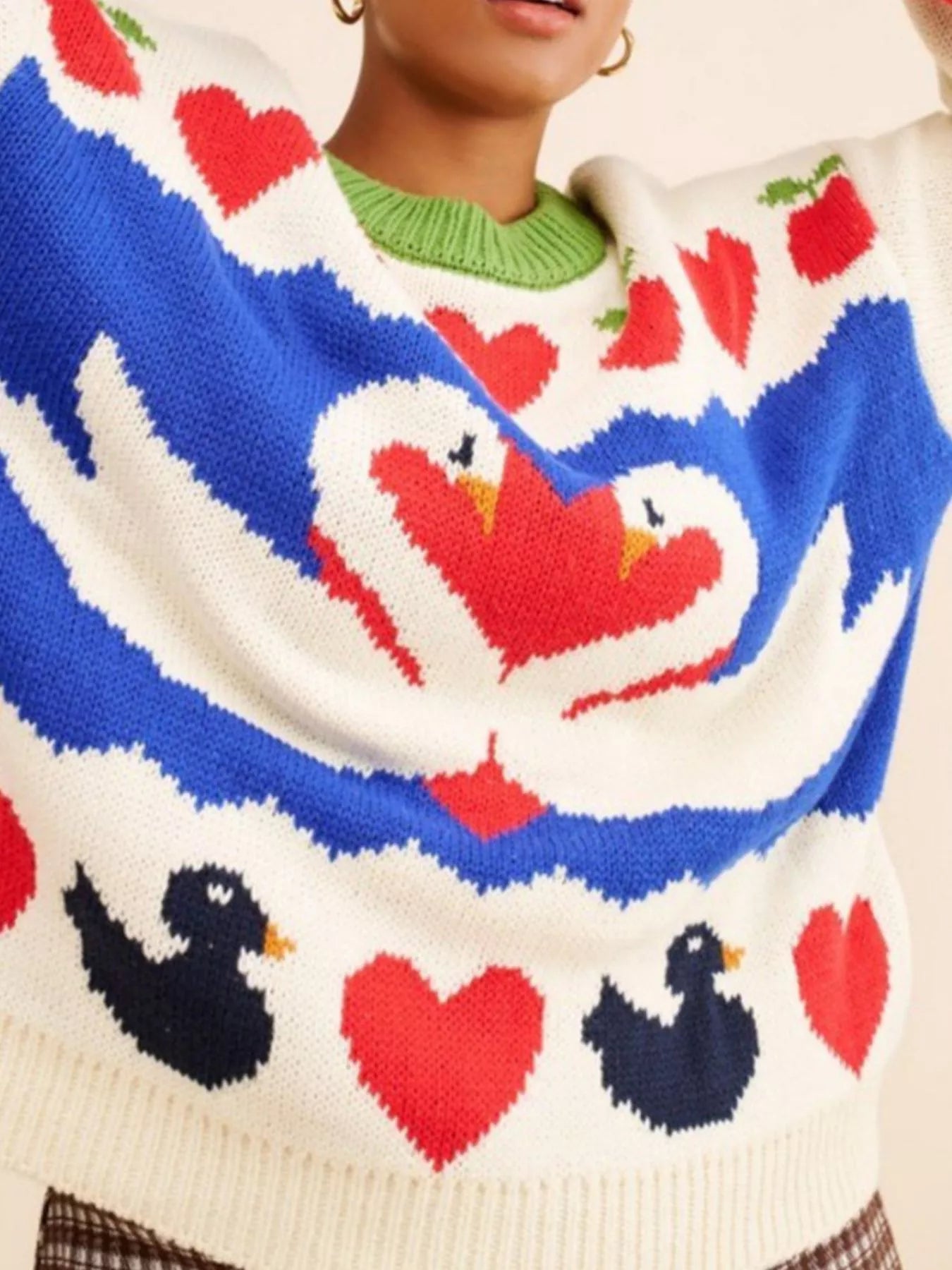 Swan Heart Pattern Round Neck Sweater - MegaSuperStar