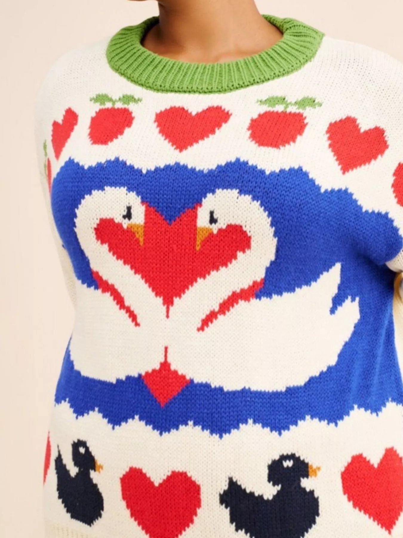Swan Heart Pattern Round Neck Sweater - MegaSuperStar
