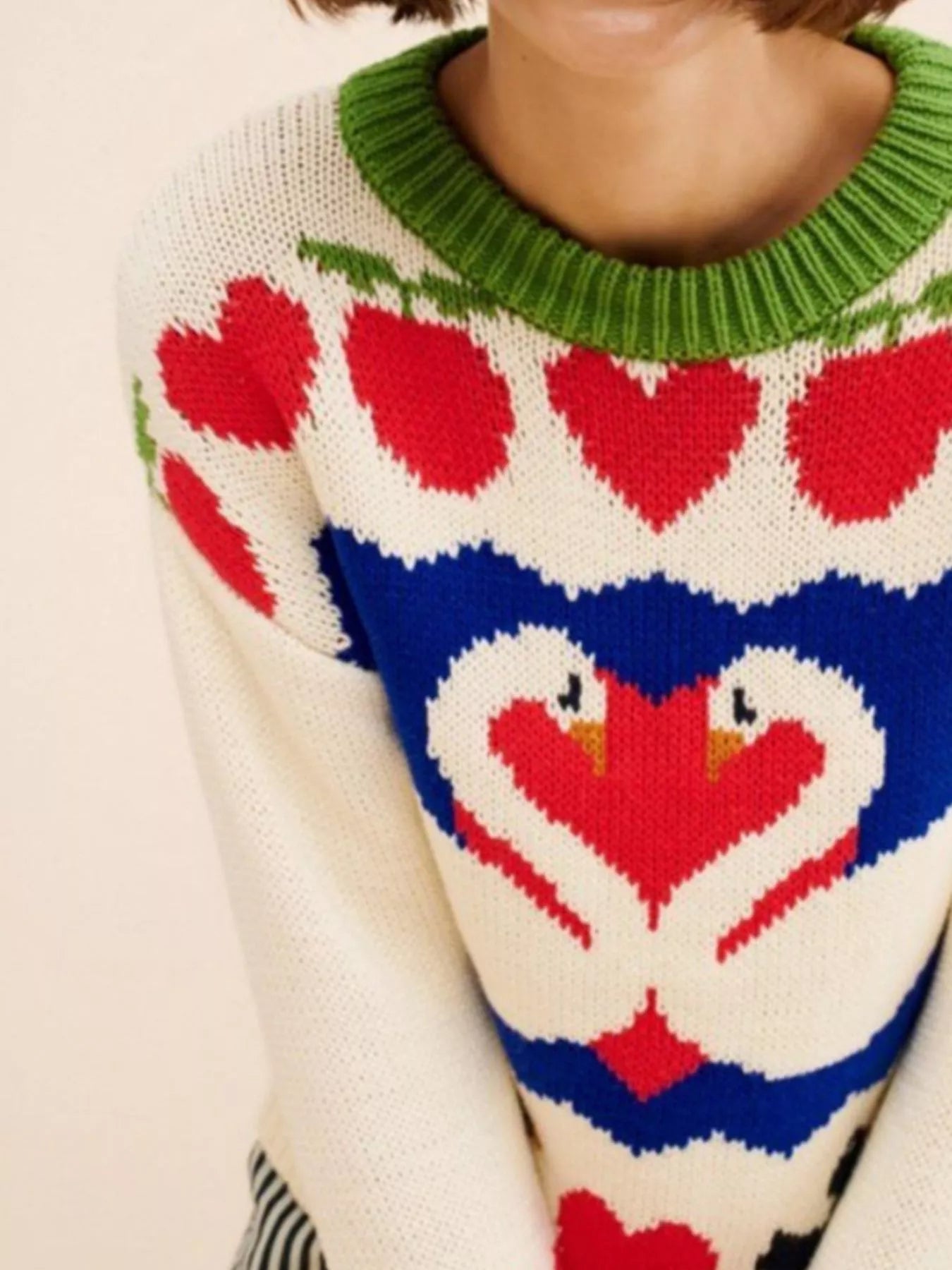 Swan Heart Pattern Round Neck Sweater - MegaSuperStar