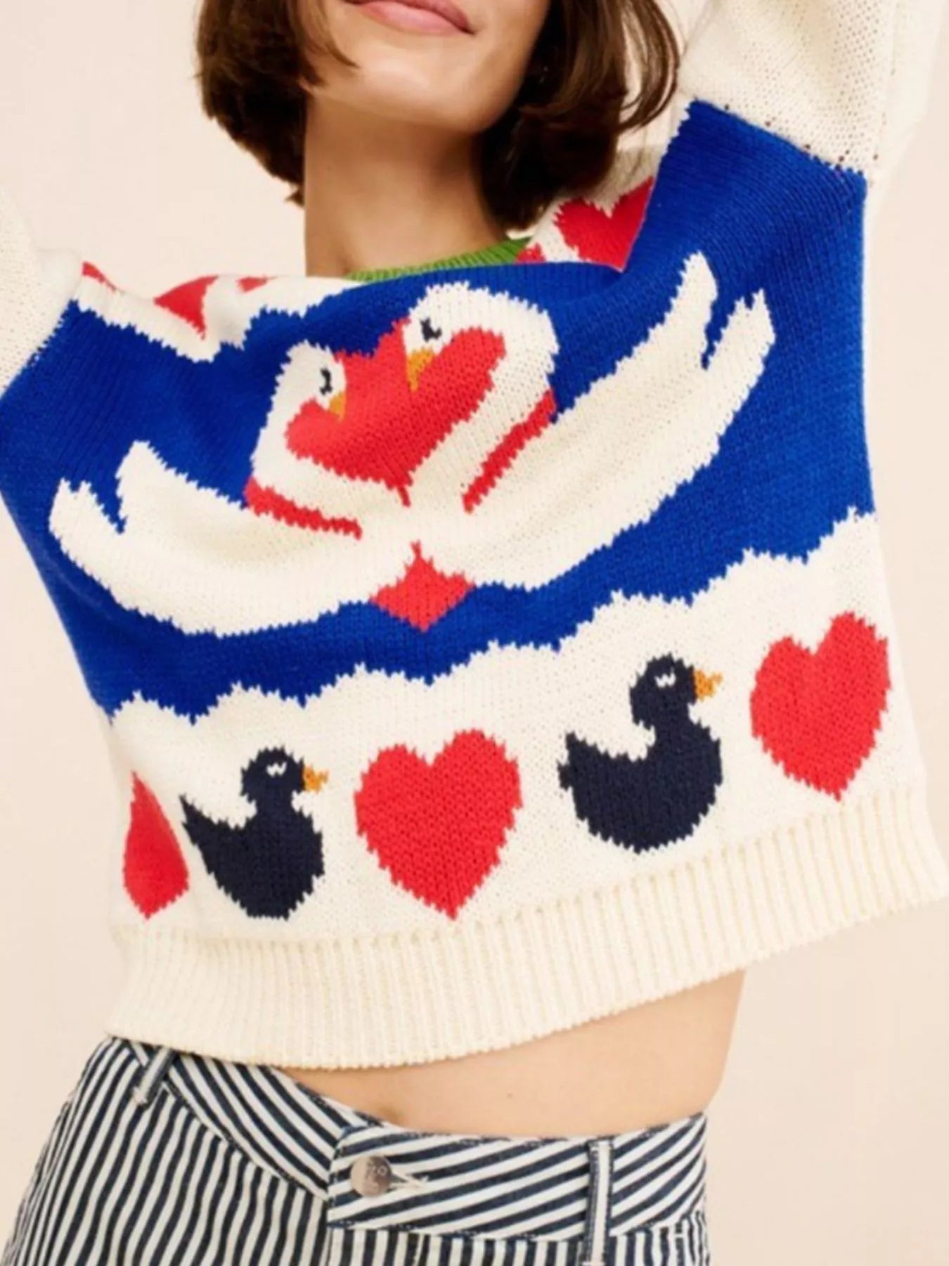 Swan Heart Pattern Round Neck Sweater - MegaSuperStar