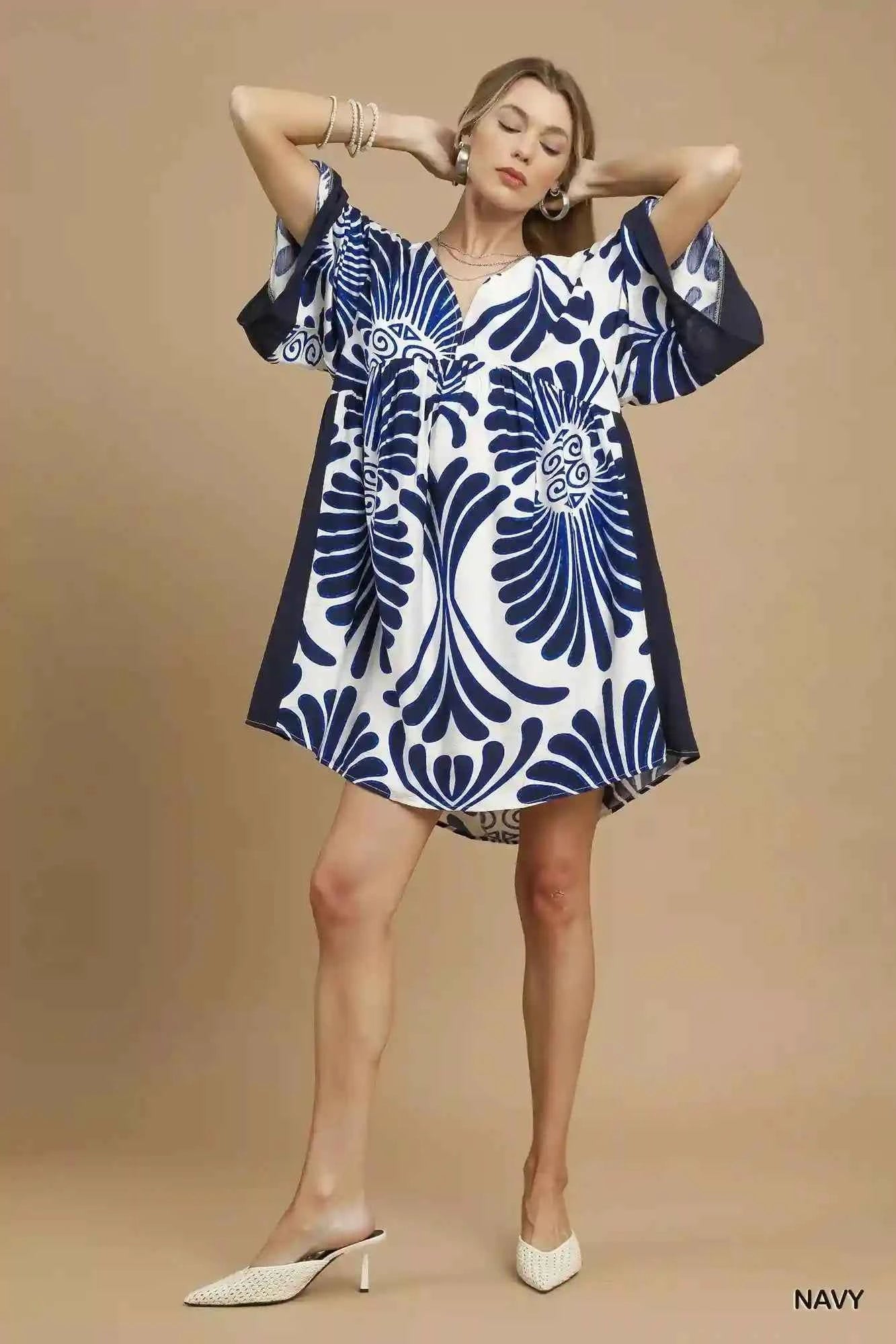 Umgee Abstract Print Dress with Kimono Sleeves - Mini Dress for Stylish Comfort - MegaSuperStar