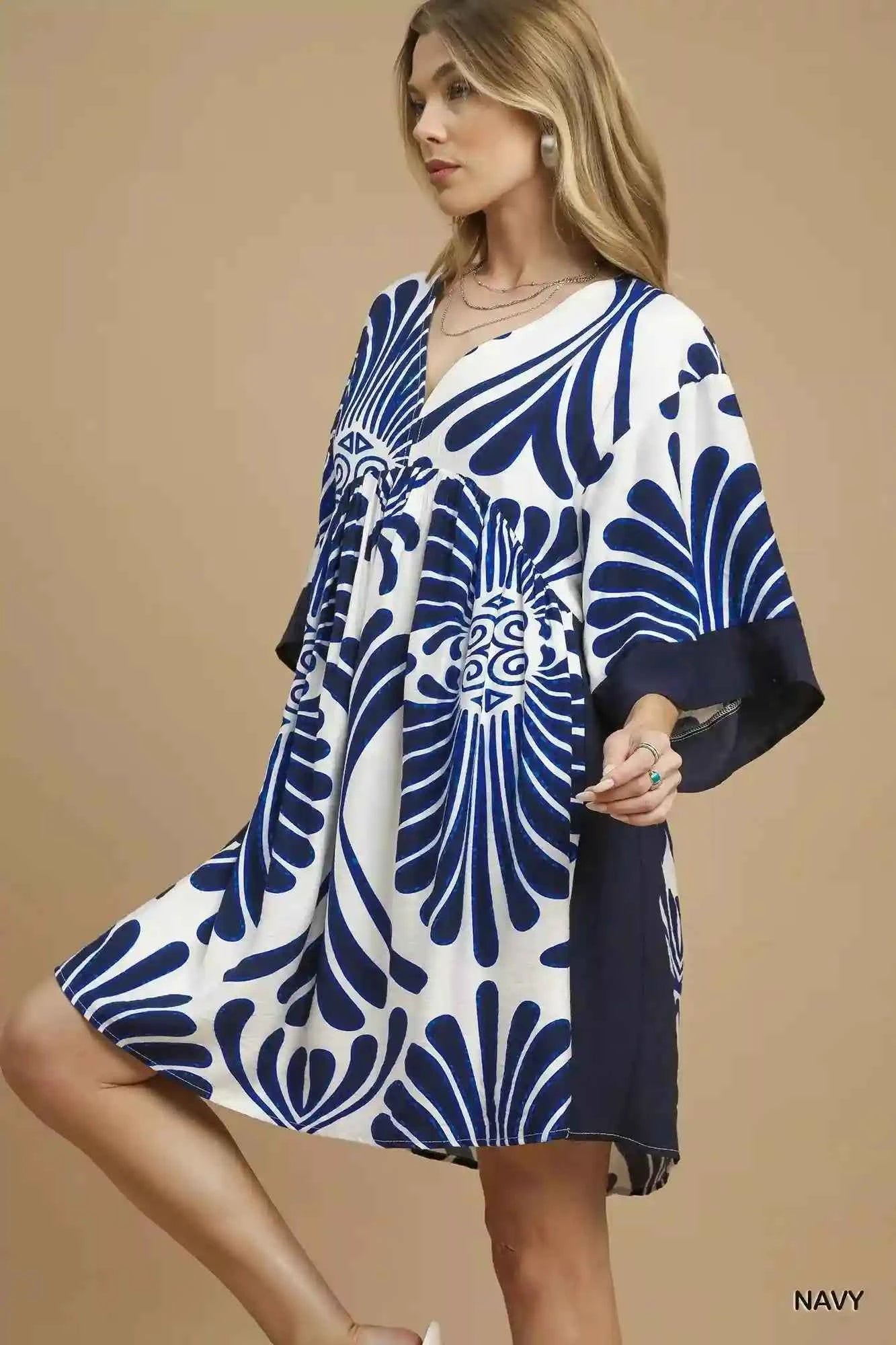 Umgee Abstract Print Dress with Kimono Sleeves - Mini Dress for Stylish Comfort - MegaSuperStar