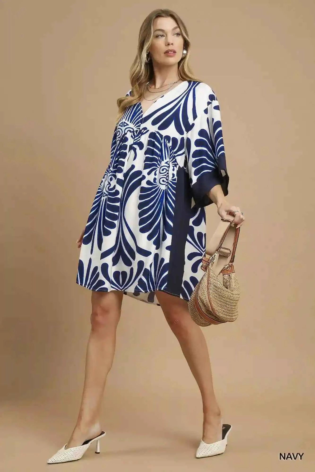 Umgee Abstract Print Dress with Kimono Sleeves - Mini Dress for Stylish Comfort - MegaSuperStar