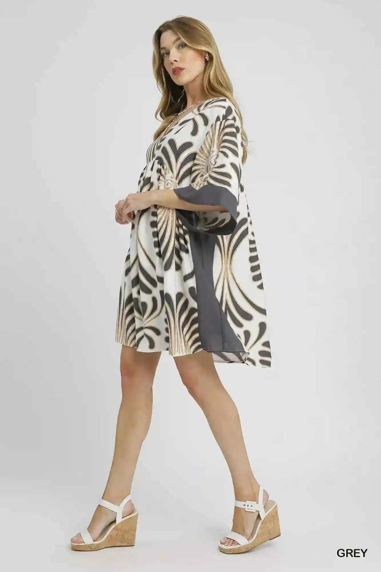 Umgee Abstract Print Dress with Kimono Sleeves - Mini Dress for Stylish Comfort - MegaSuperStar