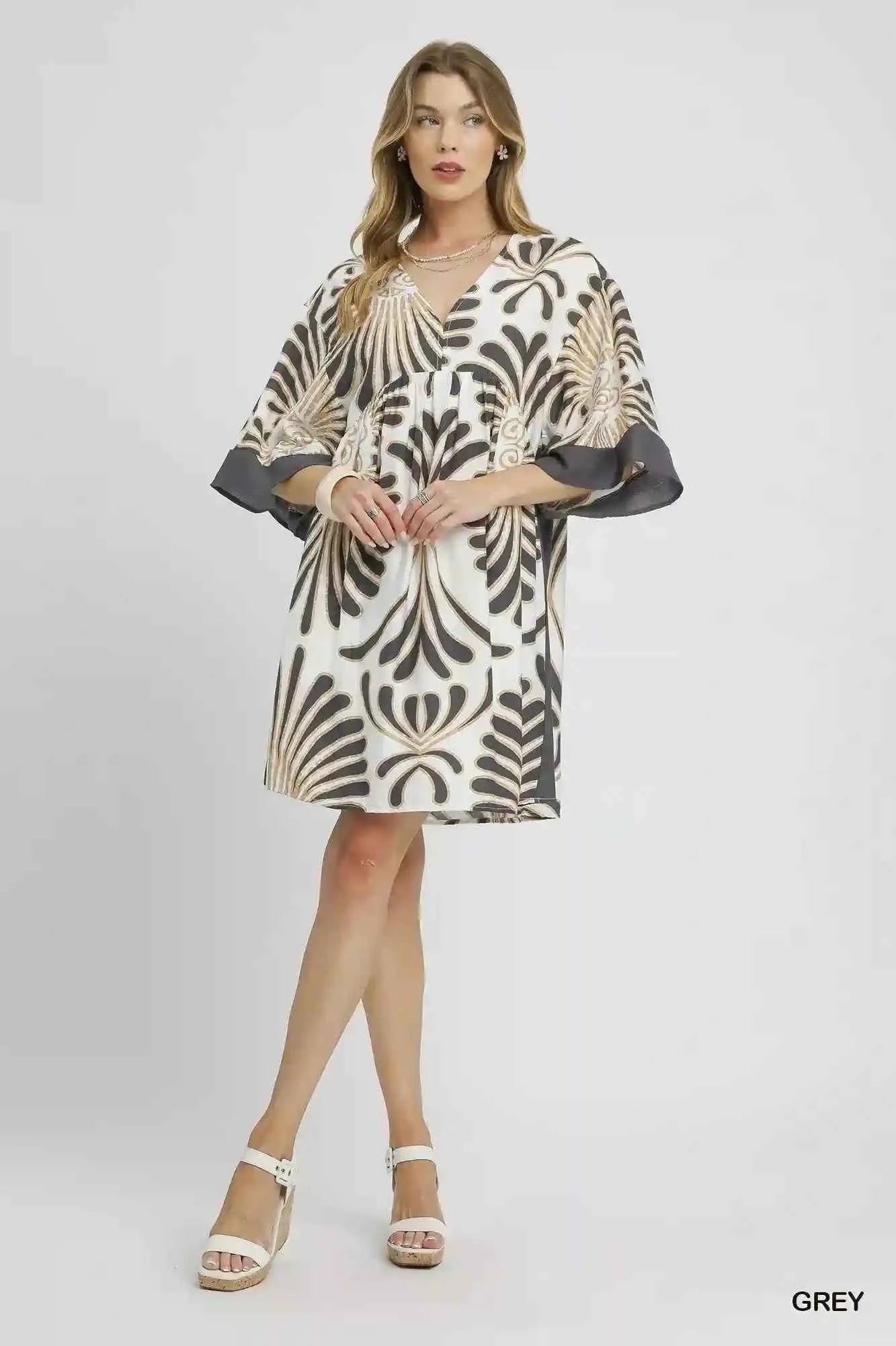 Umgee Abstract Print Dress with Kimono Sleeves - Mini Dress for Stylish Comfort - MegaSuperStar