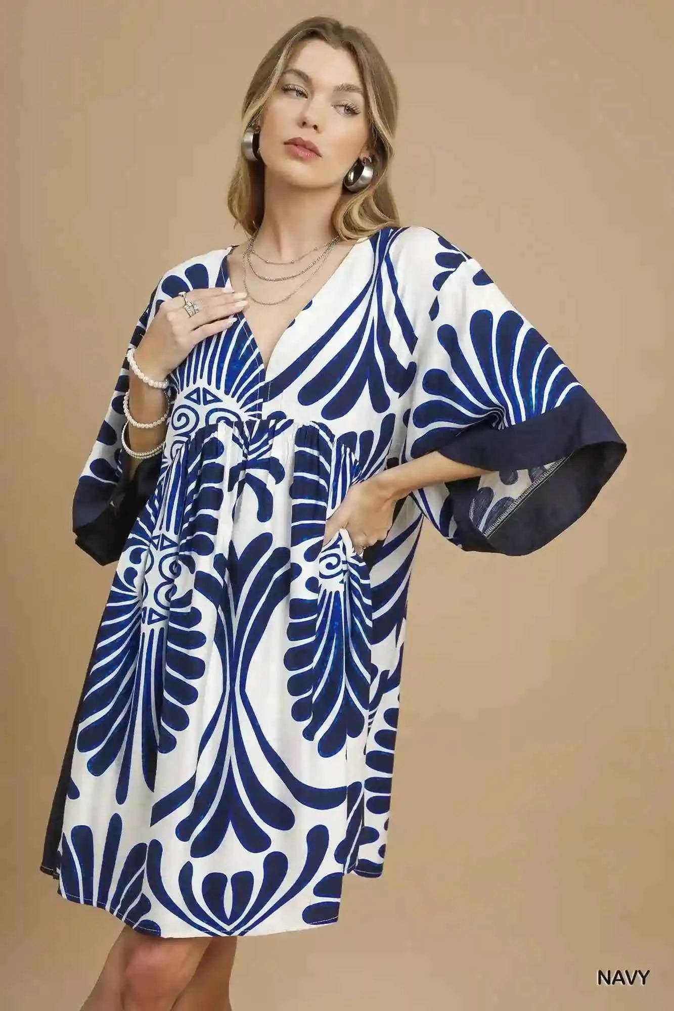 Umgee Abstract Print Dress with Kimono Sleeves - Mini Dress for Stylish Comfort - MegaSuperStar