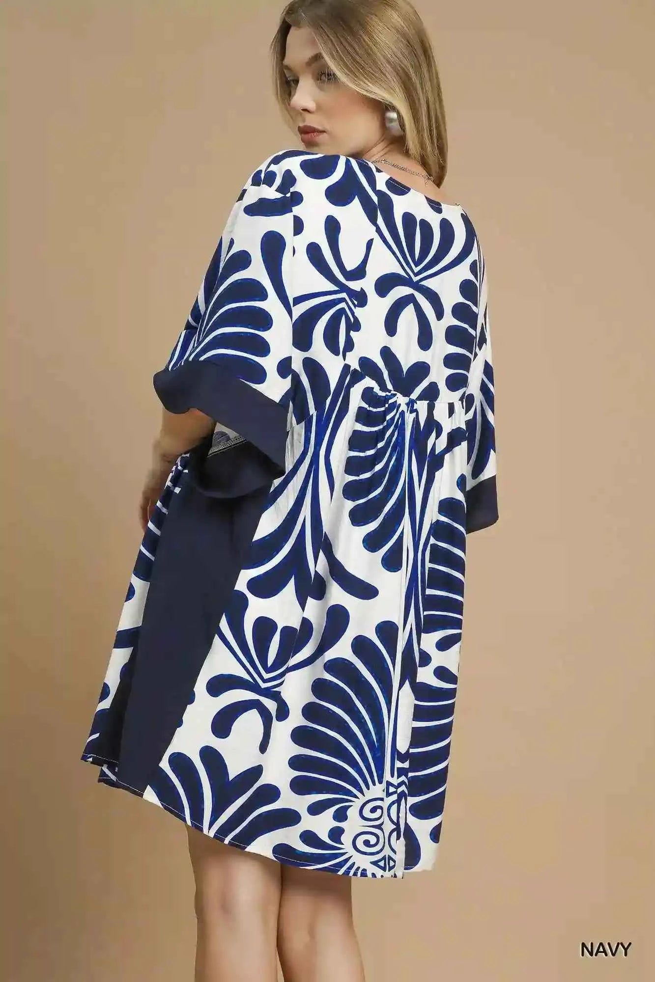 Umgee Abstract Print Dress with Kimono Sleeves - Mini Dress for Stylish Comfort - MegaSuperStar
