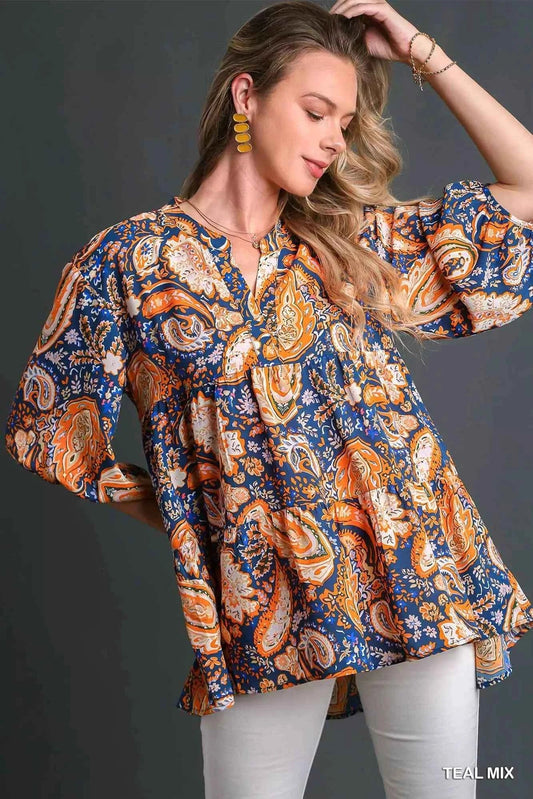 Umgee Boho Tunic Blouse - Mix Paisley Style for Effortless Chic - MegaSuperStar