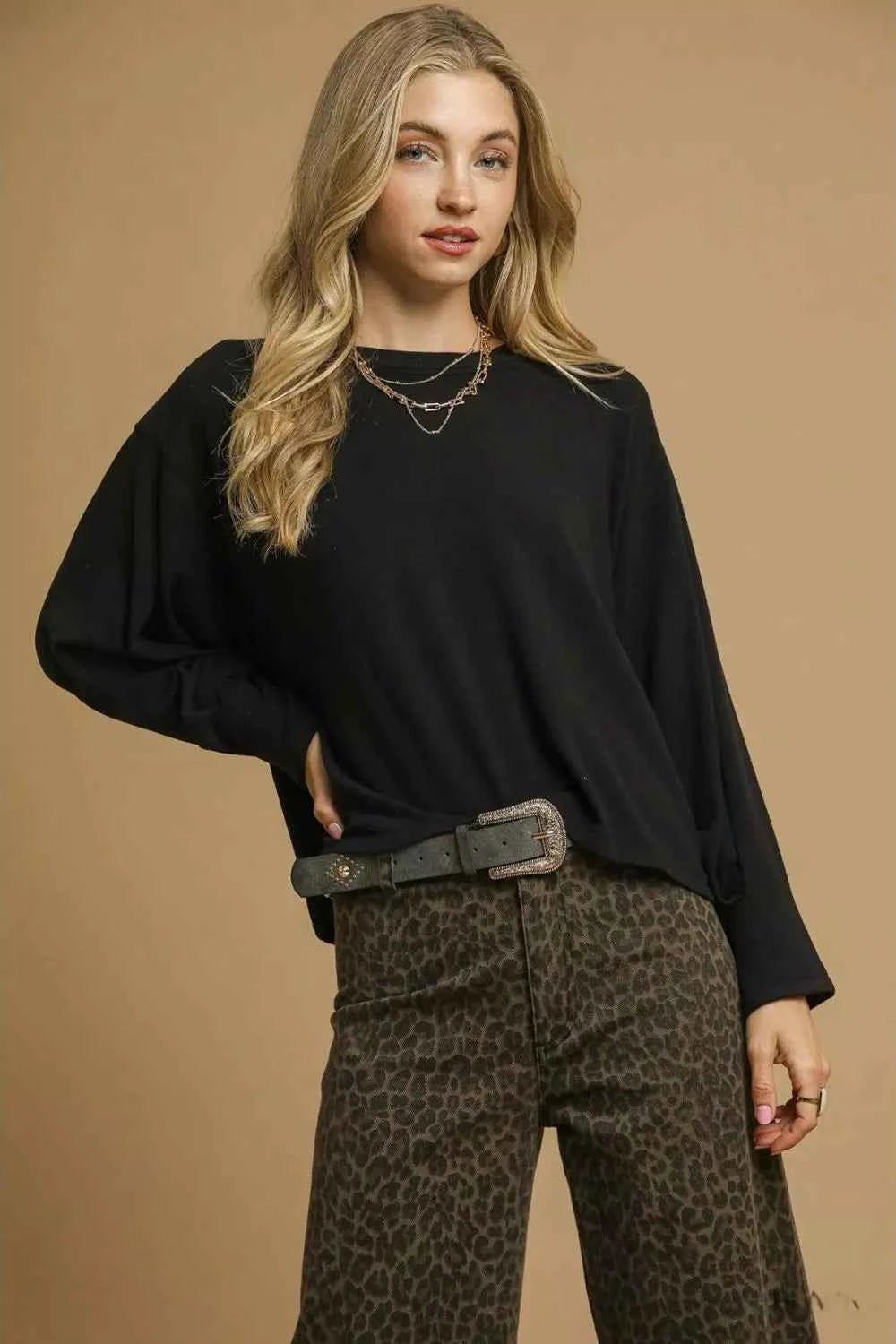 Umgee Brushed Sleeve Crewneck Top for Effortless Style and Comfort - MegaSuperStar